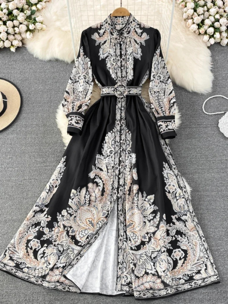 Women Vintage Long Dress Fashion Print A-line Ruffled Elegant Floral Party Dresses Ladies Long Sleeve Casual Long Robe Vestidos 240723