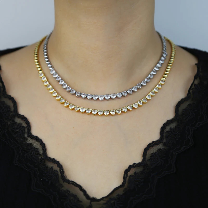 2024 Arrived Valentines Day High Polished Shiny Heart Cz Tennis Link Chain Choker Necklaces For Women Fashion Jewelry Gifts 240719