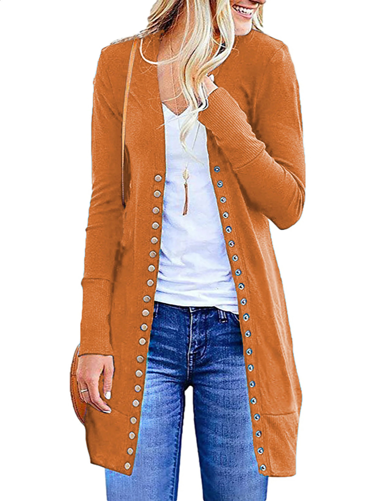 Autumn European and American Large Womens Fashion Mid length Button Solid Color Cardigan Coat 240717