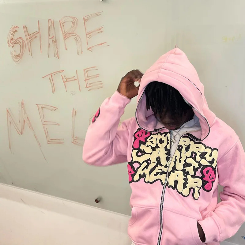 Harajuku jacket with printed letters mens pink zipper hoodie oversized long sleeved top casual 240819