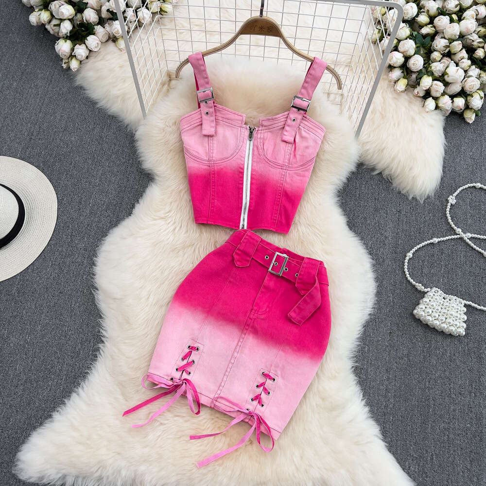 Pink Gradient Spicy Girl Denim Camisole Two-piece Set with High Waistband and Buttocks Strap, Half Skirt for Summer Bifurcated Waist Loose BOHO DRESS