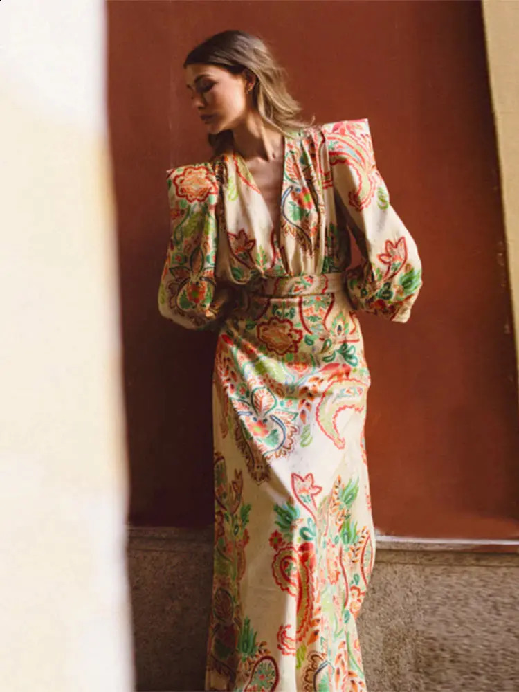 Casual V Neck Flower Printed Pleated Slim Maxi Dresses Elegant Lantern Long Sleeve High Waist Dress Lady Vacation Vestidos 240723