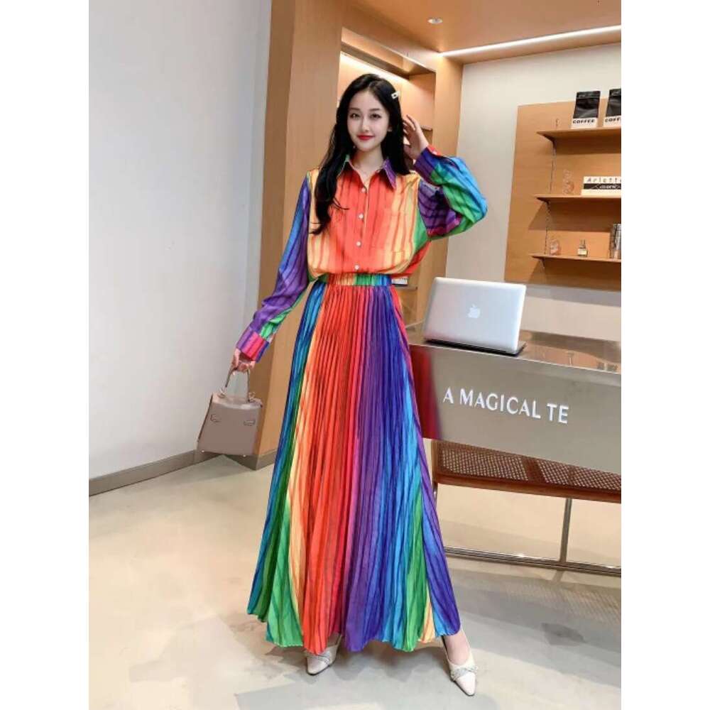 Temperament Womens New Light Mature Wind and Snow Spinning Grade Long Sleeved Top High Waist Hundred Pleated Half Skirt Set of Two BOHO DRESS SKINNY D