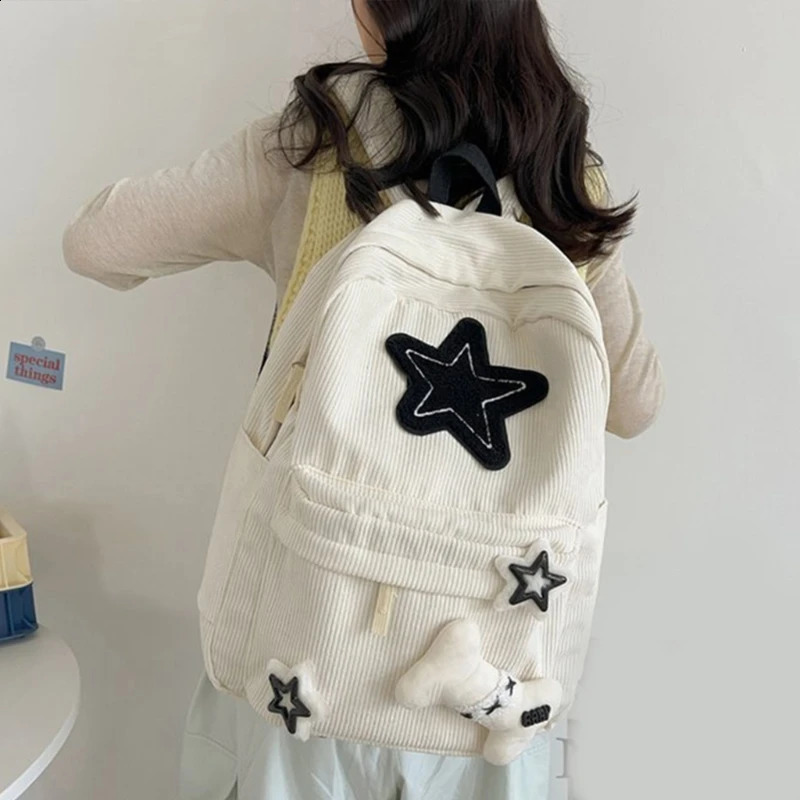 Cute Y2K Aesthetic Backpack Stars Pattern Preppy Rucksack College Student Computer Backpack Corduroy Bookbag for 240921
