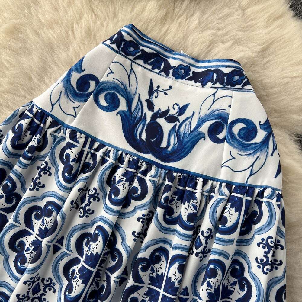 Blue and White Porcelain Printing Set for Womens Three Dimensional Chest Cushion Short Bra Sling+two Pleated Skirts Bifurcated High Waist Dress BOHO D