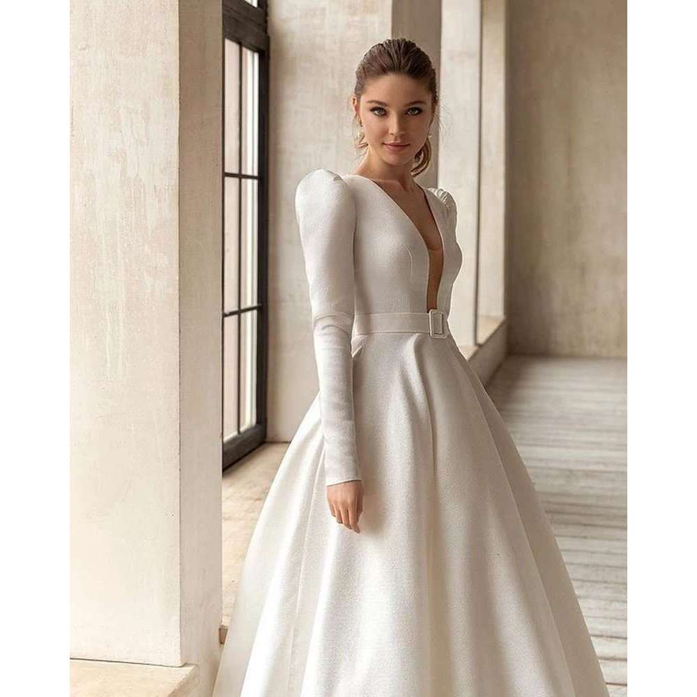 Classic Elegant Wedding Dresses A-e Satin Bridal Gowns V-Neck Long Sleeves Robes For Formal Party 2024 Dressed from Novia