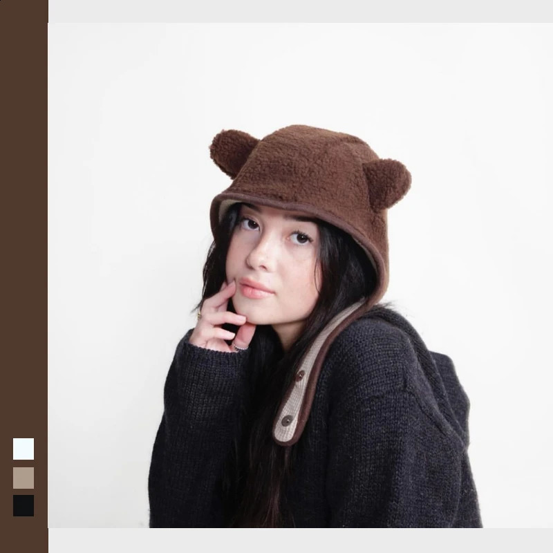 Y2K Brown Bear Ear Hat Scarf Beanies Knitted Rockwool Magnetic Buckle Ear Men Women Autumn Winter Cute Skuilles Beanie Hat 240716