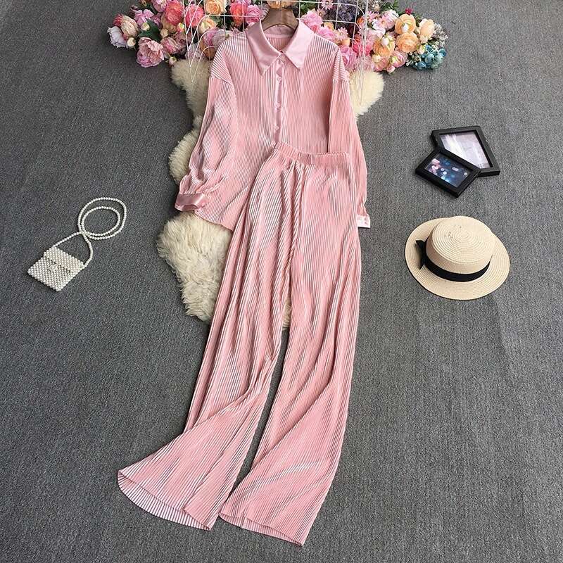 Fashion Womens Loose Fitting Long Sleeved Pleated Clean Color Shirt Two-piece Set High Waisted Draped Straight Wide Leg Pants BOHO DRESS Lace Dress
