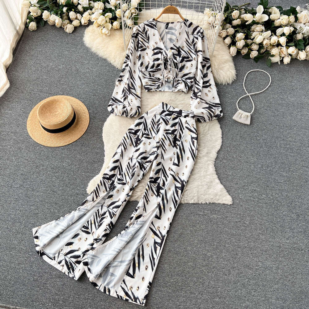 Vacation Style Two-piece Set for Women in Autumn, Fashionable and Trendy, Printed Long Sleeved Shirt Top, Split Casual Pants Loose Sexy Lace Dress