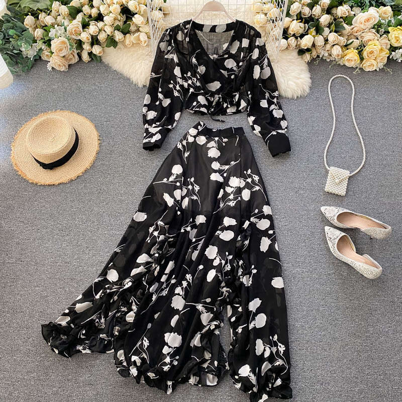 Autumn Womens Vacation Style Printed Short Chiffon Shirt Design Feeling Wooden Ear Split Half Skirt Two Piece Set Trendy Temperament Loose Waist SKINN