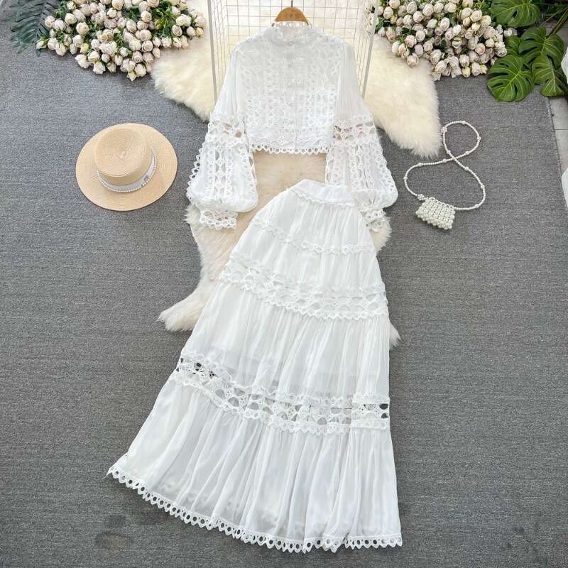 Fashion Womens Palace Style Lantern Standing Neck Hollow Lace Top Two Piece Set High Waist Skirt Chiffon Floral Dress Temperament Loose Novelty BOHO D