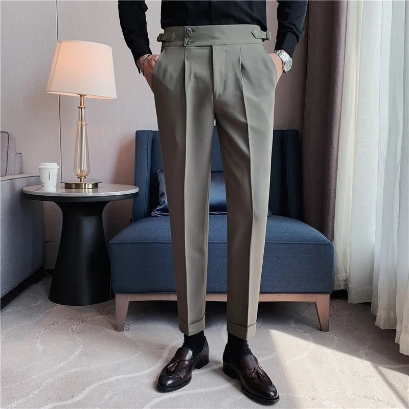Men High Waist Trousers Autumn British Style Solid Color Casual Pants Slim Fit Formal Suit Pants Fashion Men Clothing 240722