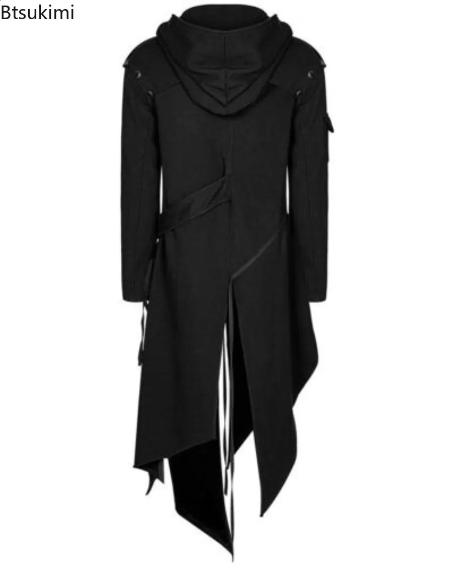 Mens Punk Style Irregular Trench Coats Black Gothic Long Hooded Jackets Halloween Man Cosplay Costume Large Size S-5XL 240716
