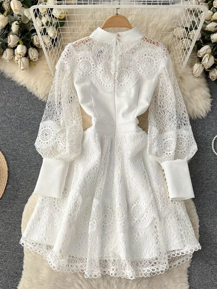 Vintage Flower Embroidery Hollow Out Lace Dress Womens Stand Collar Long Lantern Sleeve Pearls Buttons Casual Party Vestidos 240717