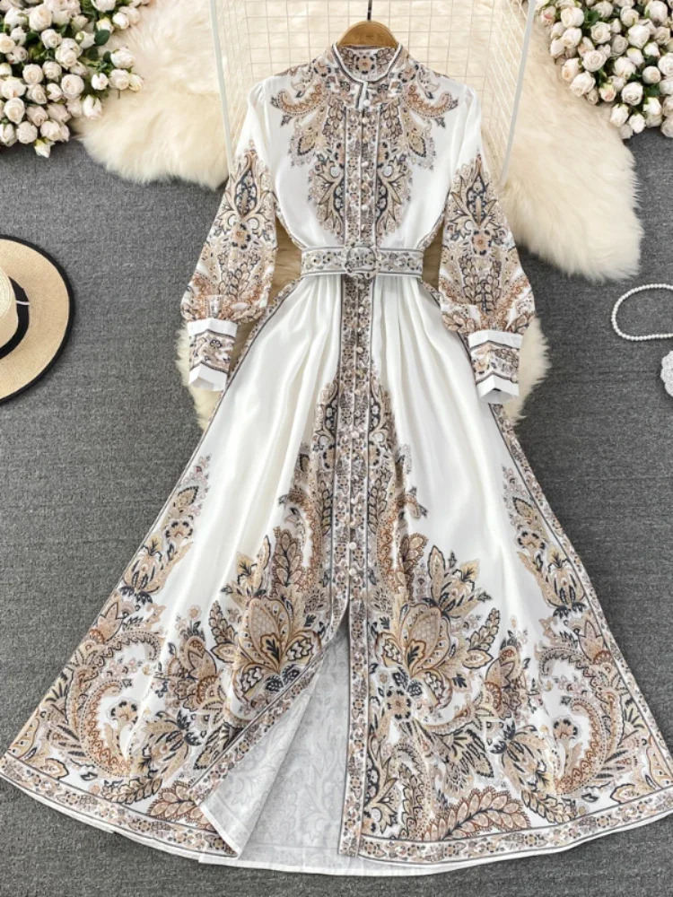 Women Vintage Long Dress Fashion Print A-line Ruffled Elegant Floral Party Dresses Ladies Long Sleeve Casual Long Robe Vestidos 240723