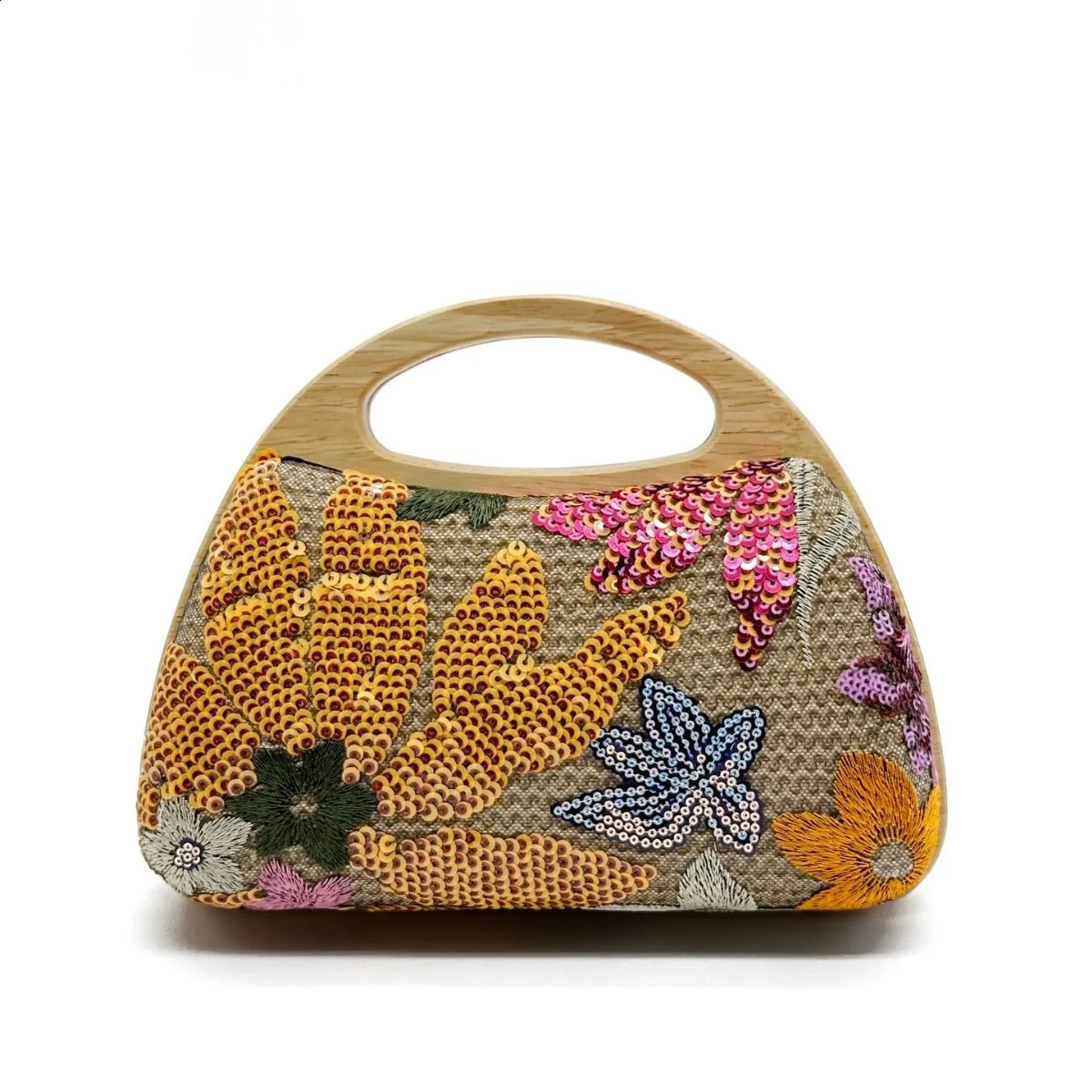 Shinny Sequins Embroidery Clutch Bag for Women Wooden Handle Handbags Flower Shoulder Crossbody Evening Party Purses 240821