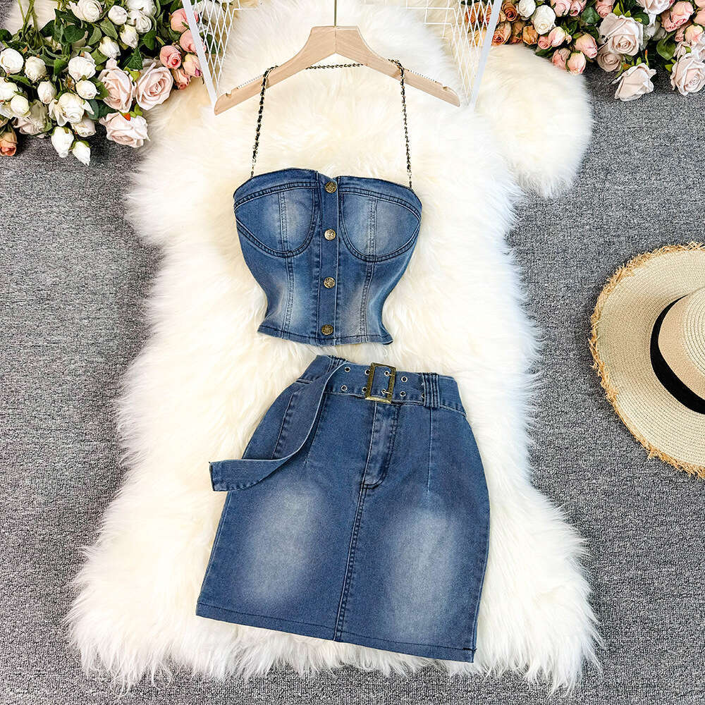 American Spicy Girl Style Sexy Bra Hanging Neck Top Short Versatile Cowboy Half Skirt Two Piece Set Trendy Bifurcated Short Silk Dress Lace Dress