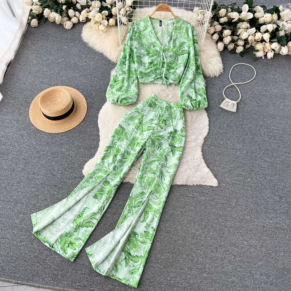 Vacation Style Two-piece Set for Women in Autumn, Fashionable and Trendy, Printed Long Sleeved Shirt Top, Split Casual Pants Loose Sexy Lace Dress