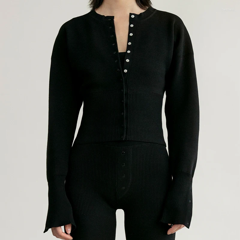 Women's T Shirts Women Ribbed Knit Cardigan T-shirt Long Sleeve O-neck Slim Fit Button Crop Top 2024 Fashion Female Clothes Trendy