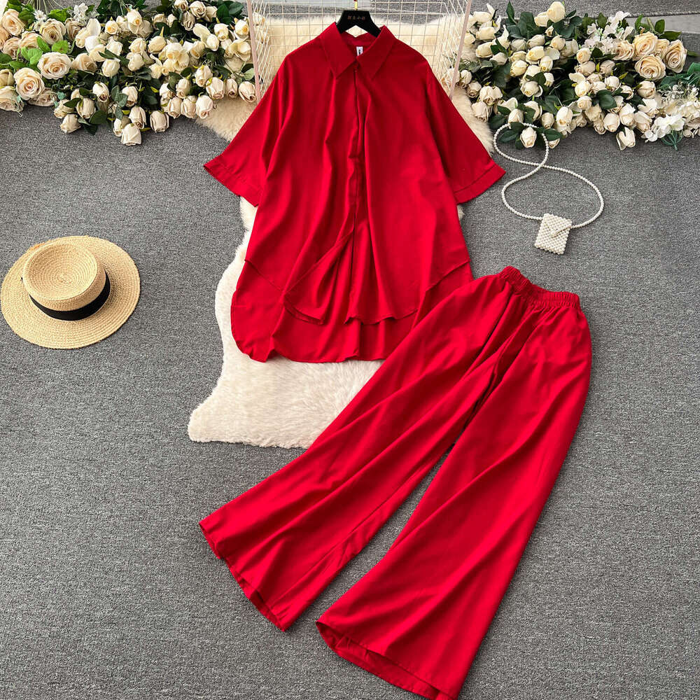 Wind High-end Fashion Set, Summer Loose and Slimming Print Shirt, High Waist Drape, Wide Leg Pants Bifurcated Novelty Loose Lace Dress Oversize Dress