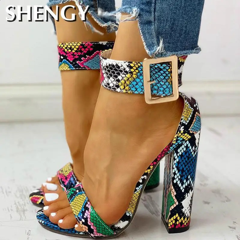Summer Women Shoes Snakeskin Ankle Buckled Sandals Chunky Heeled Sandals Open Toe Leopard Party Shoes 240708
