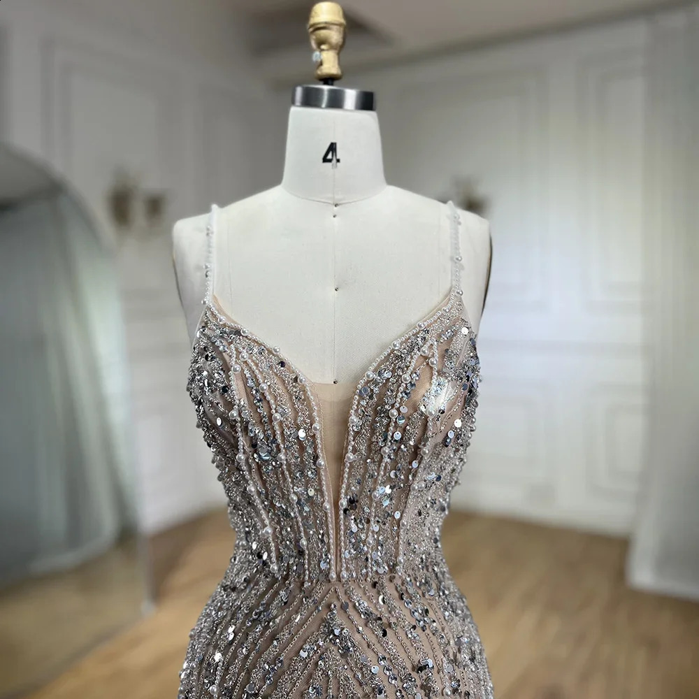 Serene Hill Silver Nude Mermaid Spaghetti with split Strap Beaded Evening Dresses Prom Gowns For Woman Party 2024 LA72047B 240709