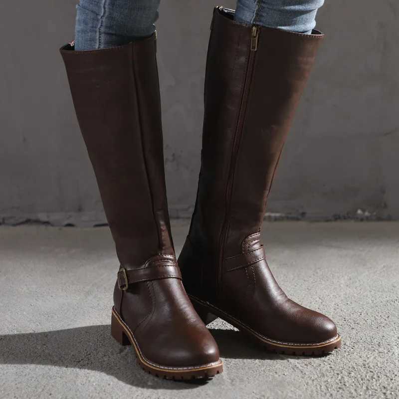 Knee High Fashion Low Heels Square Platform Long Boots Brown Black Leather Zip Winter Women Warm Shoes Boos fg6