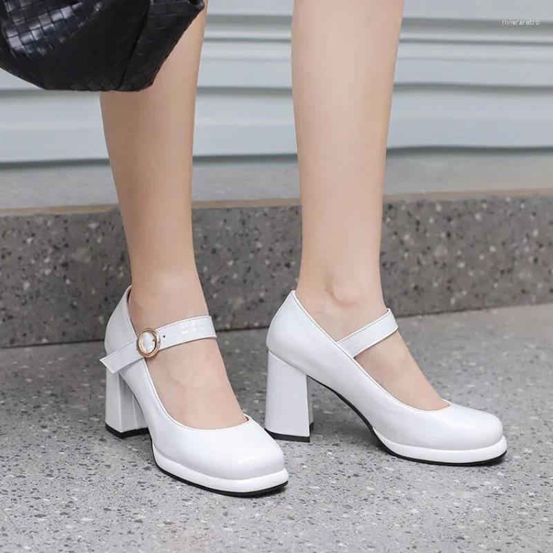 Dress Shoes PU Patent Leather Green Navy Blue Closed Toe Mature Ladies Office Pumps Buckle Strap Vintage Women Mary Janes Block Heels