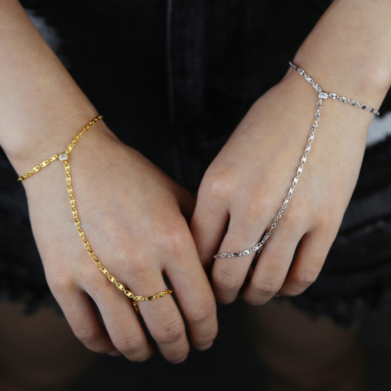 Micro Pave AAA CZ k Chain Bracelet w/ Ring Chains Wristlet - Hand Jewelry