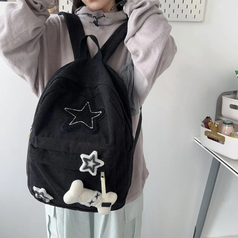 Cute Y2K Aesthetic Backpack Stars Pattern Preppy Rucksack College Student Computer Backpack Corduroy Bookbag for 240921