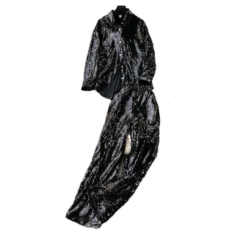 Fashionable Glittering Sequins Set with A Luxurious and Loose Long Sleeved Shirt+high Waisted Wide Straight Leg Pants Loose Sexy Novelty Silk Dress