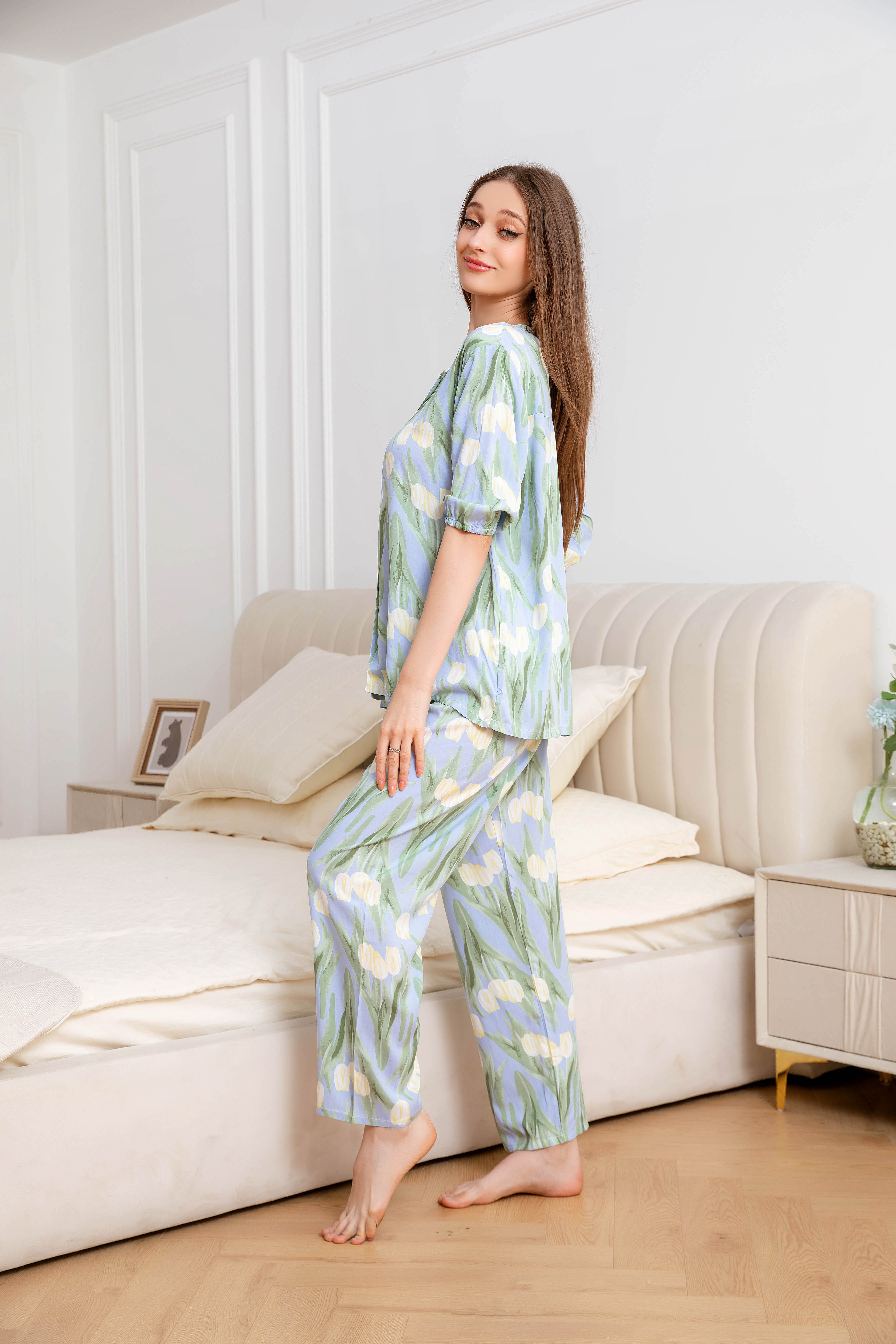 Women's Home Clothes Pajamas Blue Green Leaf Lily Pants Set C211