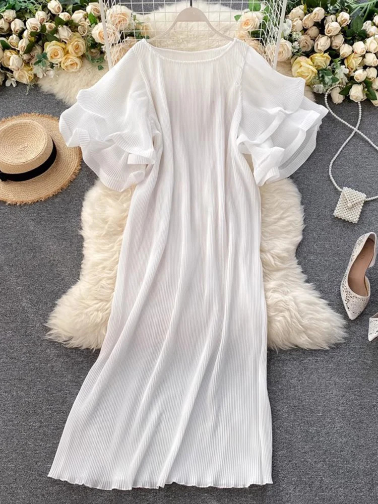 GVUW Pleated Ruffles Short Sleeve Dress Women Round Colalr A Line Solid Color Medium Long Lady Spring Clothing 17G4860 240723