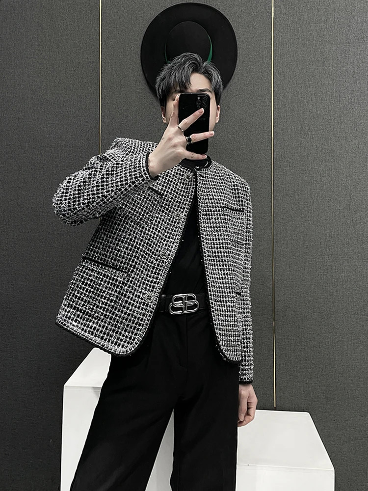 High-End Male Small Fragrant Coats Mens Fashion Loose Tweed Mens Round Neck Jackets Handsome Long Sleeve Short Jacket 240719