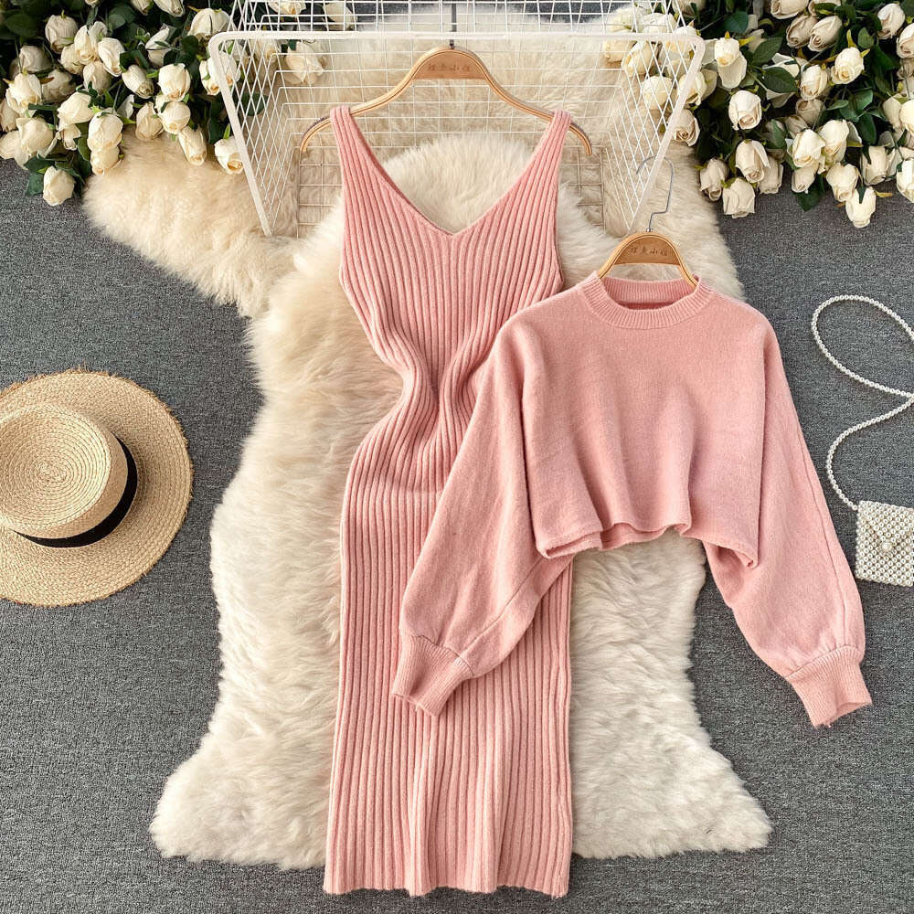 Dressing Set New Womens Knitted Short High Waist Versatile Tank Top Fashionable Two Piece Skirt Autumn Dress Women Waist Sexy Self-cultivation Lace Dr