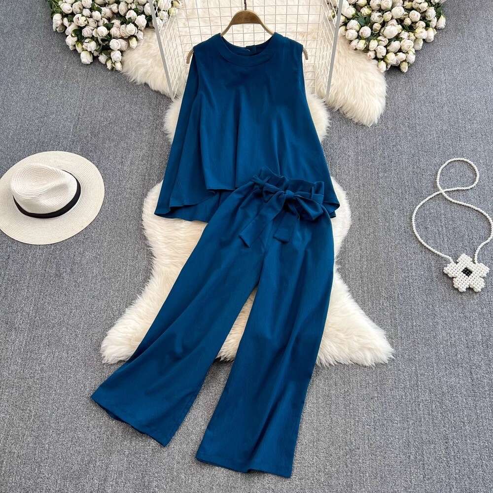 Fashionable Light and Mature Style, Temperament, Round Neck, Loose Sleeveless Top, Two-piece Set, High Waisted, Lace Up, Straight Leg, Wide Leg Lace D