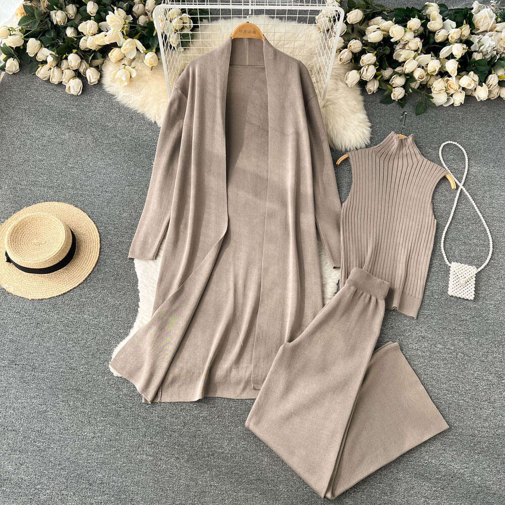 Autumn Lazy Loose Knitted Womens Long Shawl Cardigan+high Neck Sweater+wide Leg Pants Three Piece Set Temperament Oversize Dress High Waist Dress
