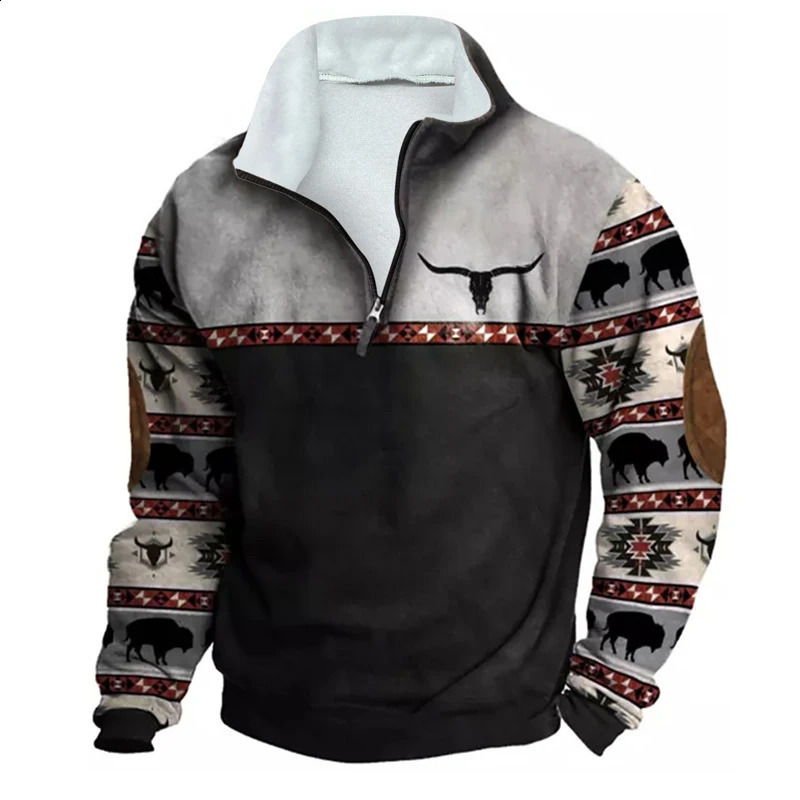 Vintage Sweatshirt For Men Ethnic Style Casual Warm Hoodie Tops Turtleneck Zipper Jacket Pullover Harajuk Fleece Sweatshirts 240722