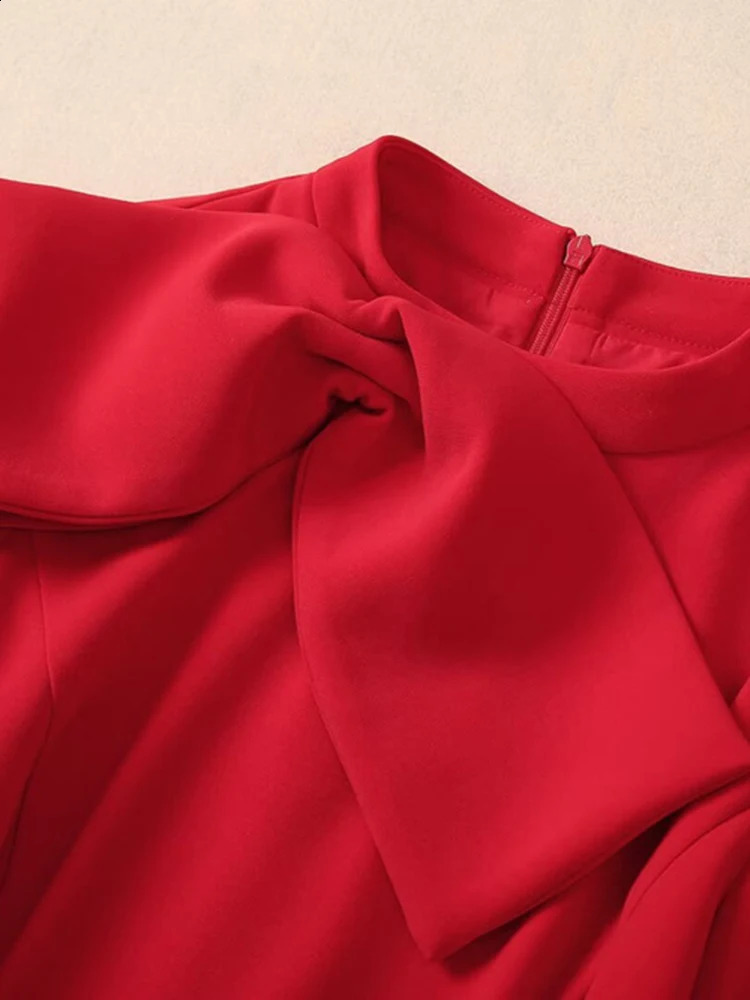 ZJYT Elegant Womens Party Dresses Long Sleeve Fashion Autumn Clothes Bowknot Stand Collar Midi Dress Vestidos Femininos 240712