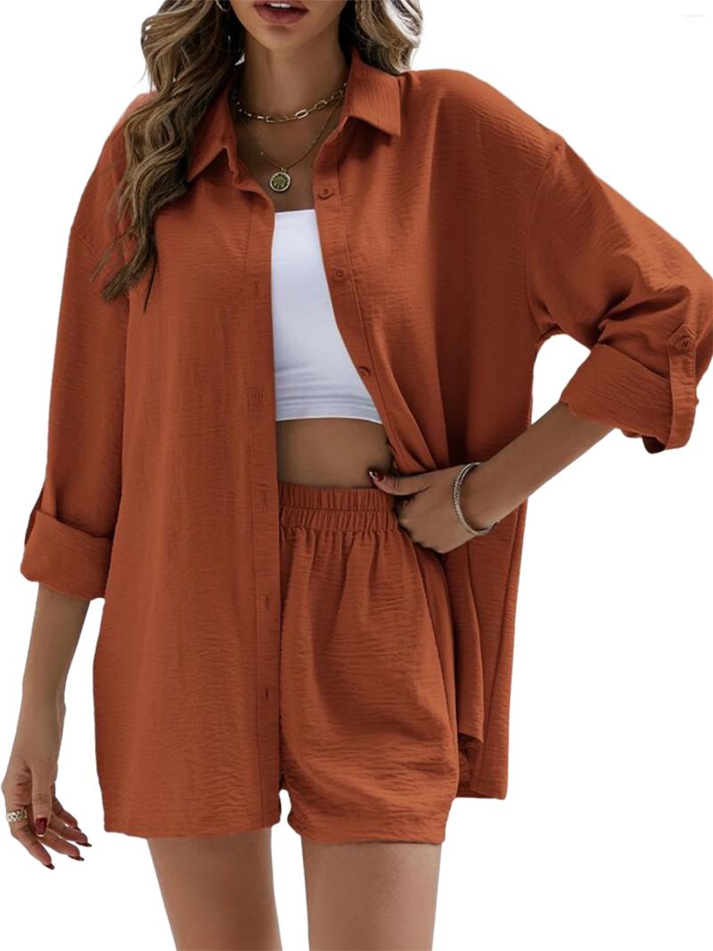 Womens Tracksuits Women S Stylish 2 Piece Co-ord Set Trendy Short Sleeve Button Down Shirt Comfy Shorts For Casual Loungewear