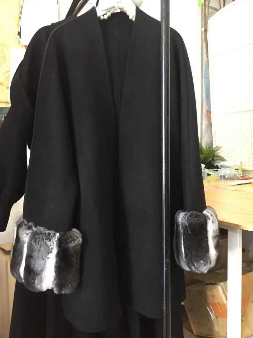 Arlenesain double face cashmere 105cm length women coat with big and wide chinchilla fur sleeves 240716