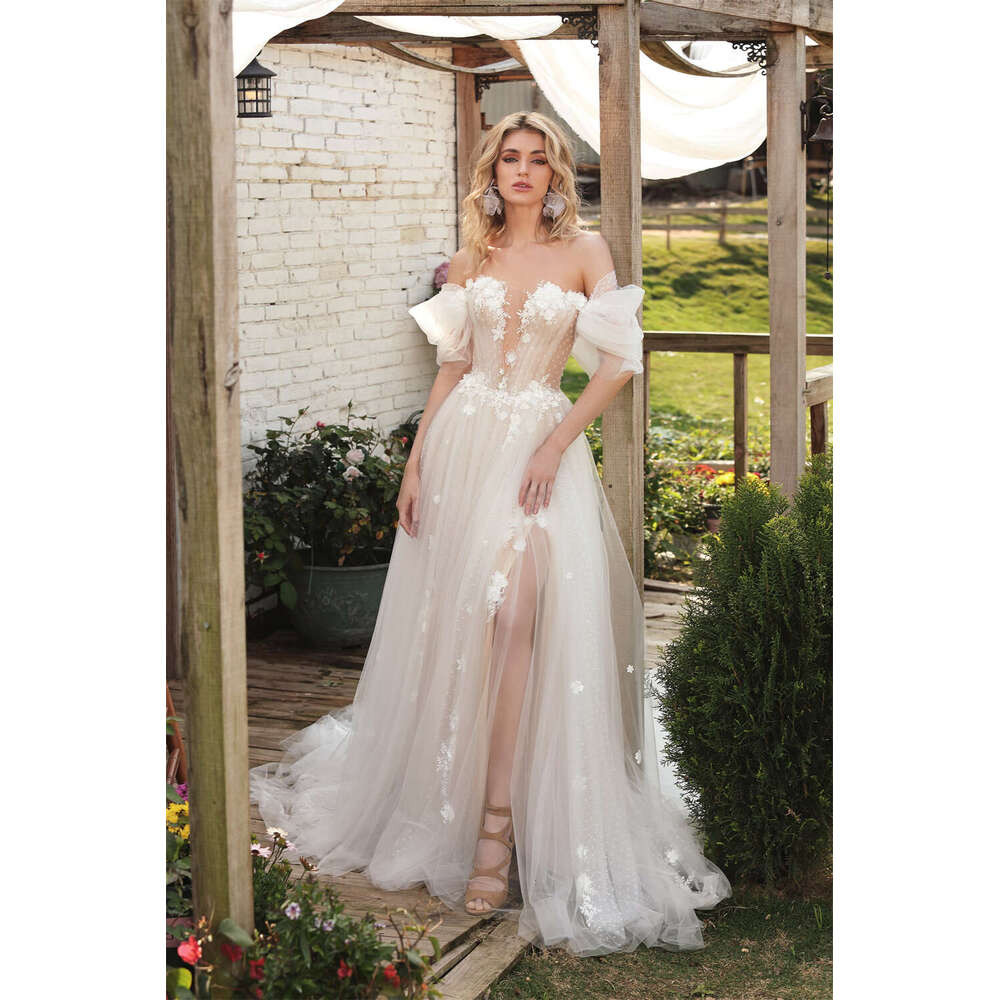 Shiny Off The Shoulder V-neck 3d wer A e Wedding Dresses Side Slit Custom Made Formal Bridal Grown 2024 Rode De Morrie