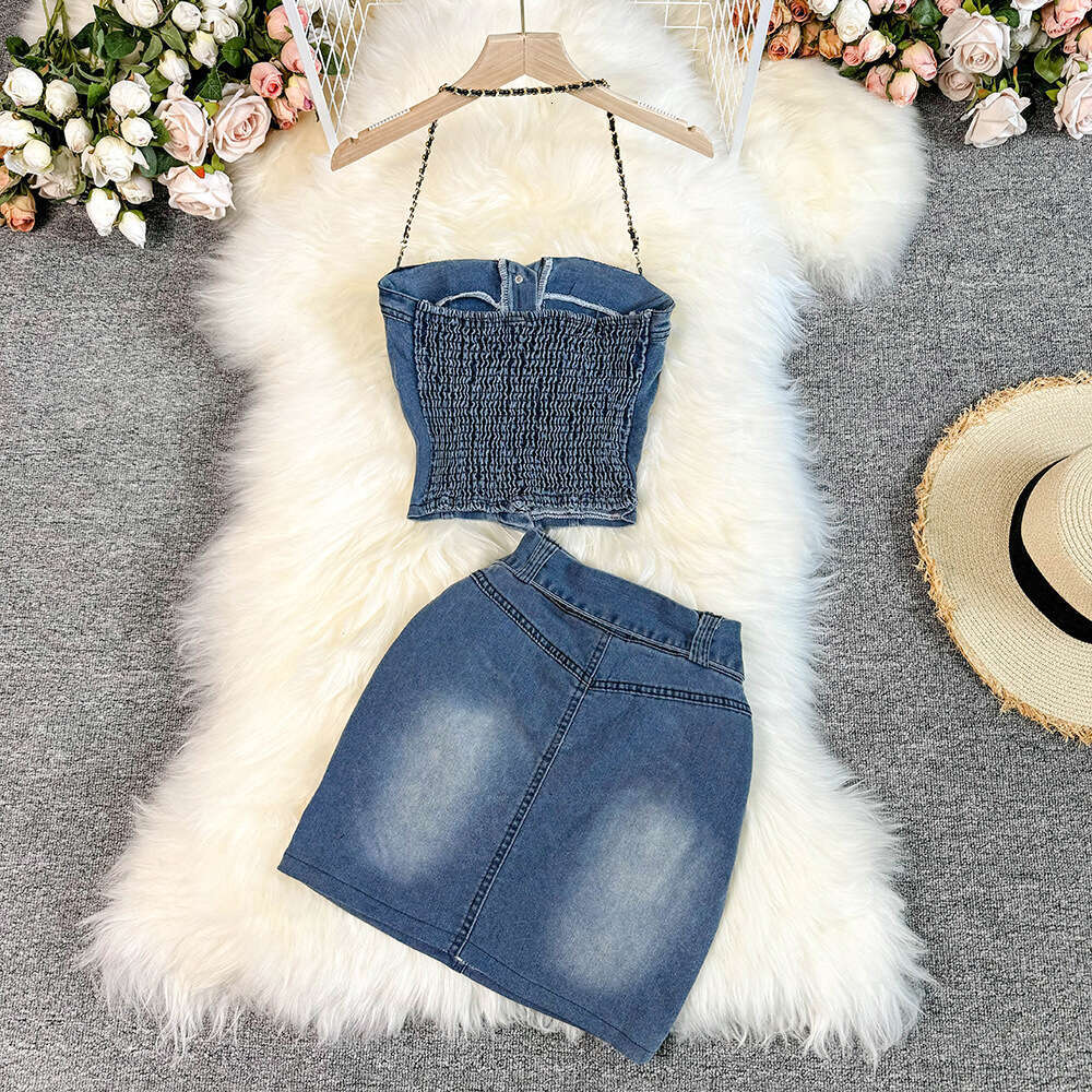 American Spicy Girl Style Sexy Bra Hanging Neck Top Short Versatile Cowboy Half Skirt Two Piece Set Trendy Bifurcated Short Silk Dress Lace Dress
