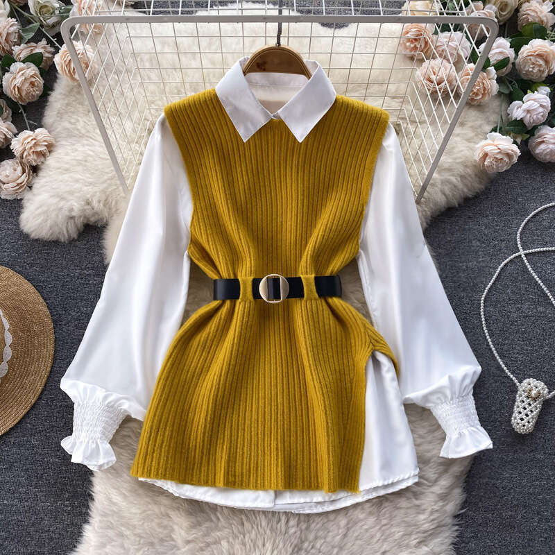 Light Luxury Celebrity Womens Loose Long Sleeve White Shirt Top+split Knitted Tank Top Vest Two Piece Set 0.4kg Sexy Dress Short Temperament Sexy Deni