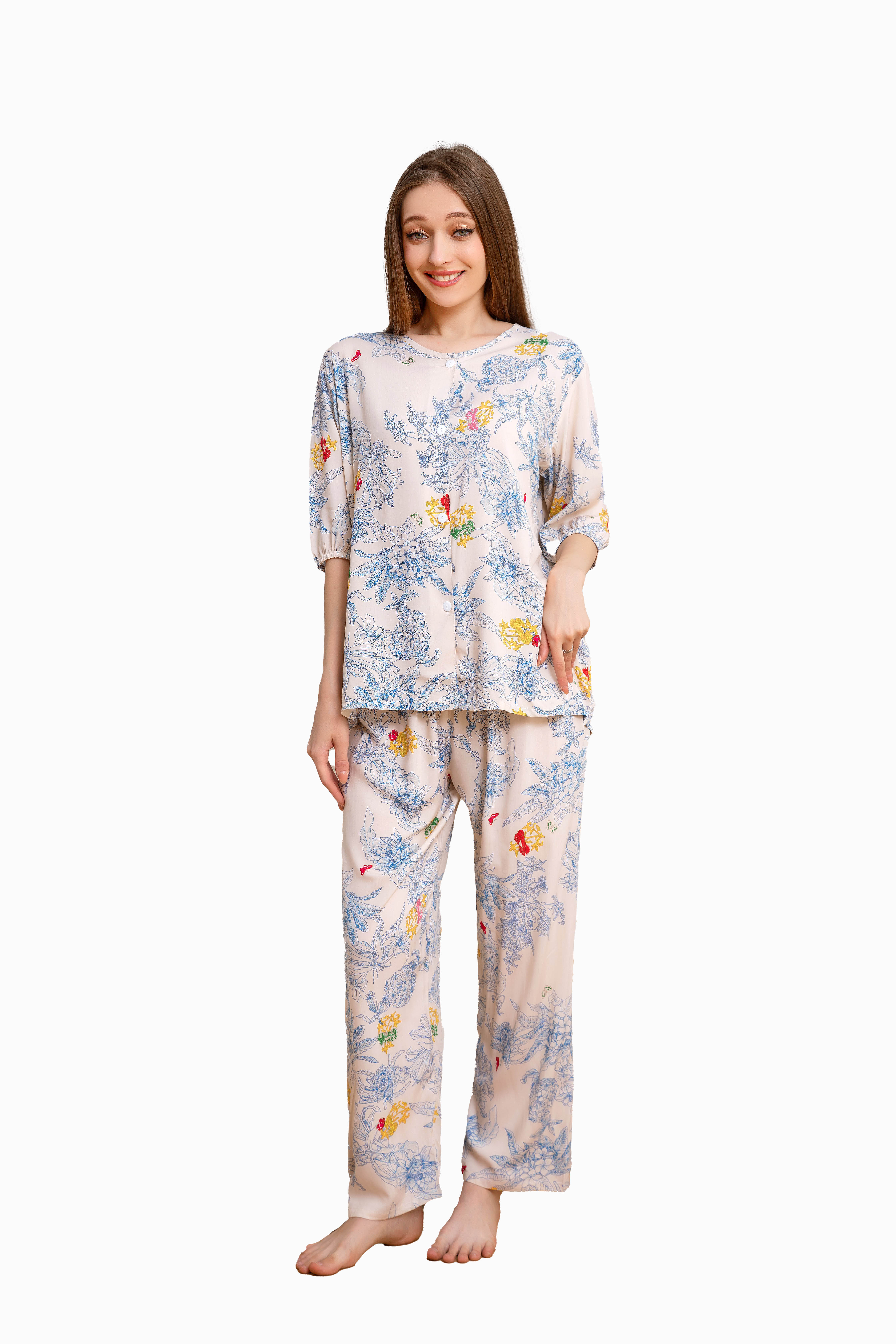 Women's home clothes, pajamas, light pink blue floral stamen pants set C207