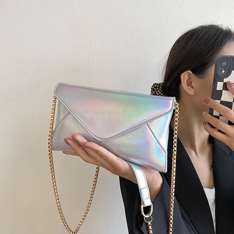 Womens Evening Shoulder Bag Leather Clutch Purse Wedding Party Prom Envelope Handbag Silver Crossbody with Chain 240722