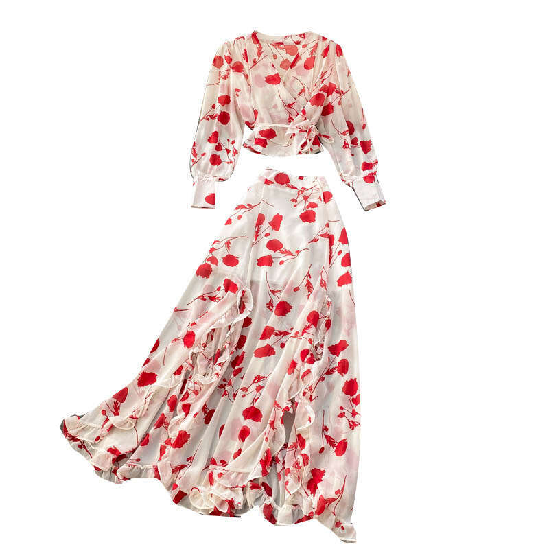 Autumn Womens Vacation Style Printed Short Chiffon Shirt Design Feeling Wooden Ear Split Half Skirt Two Piece Set Trendy Temperament Loose Waist SKINN