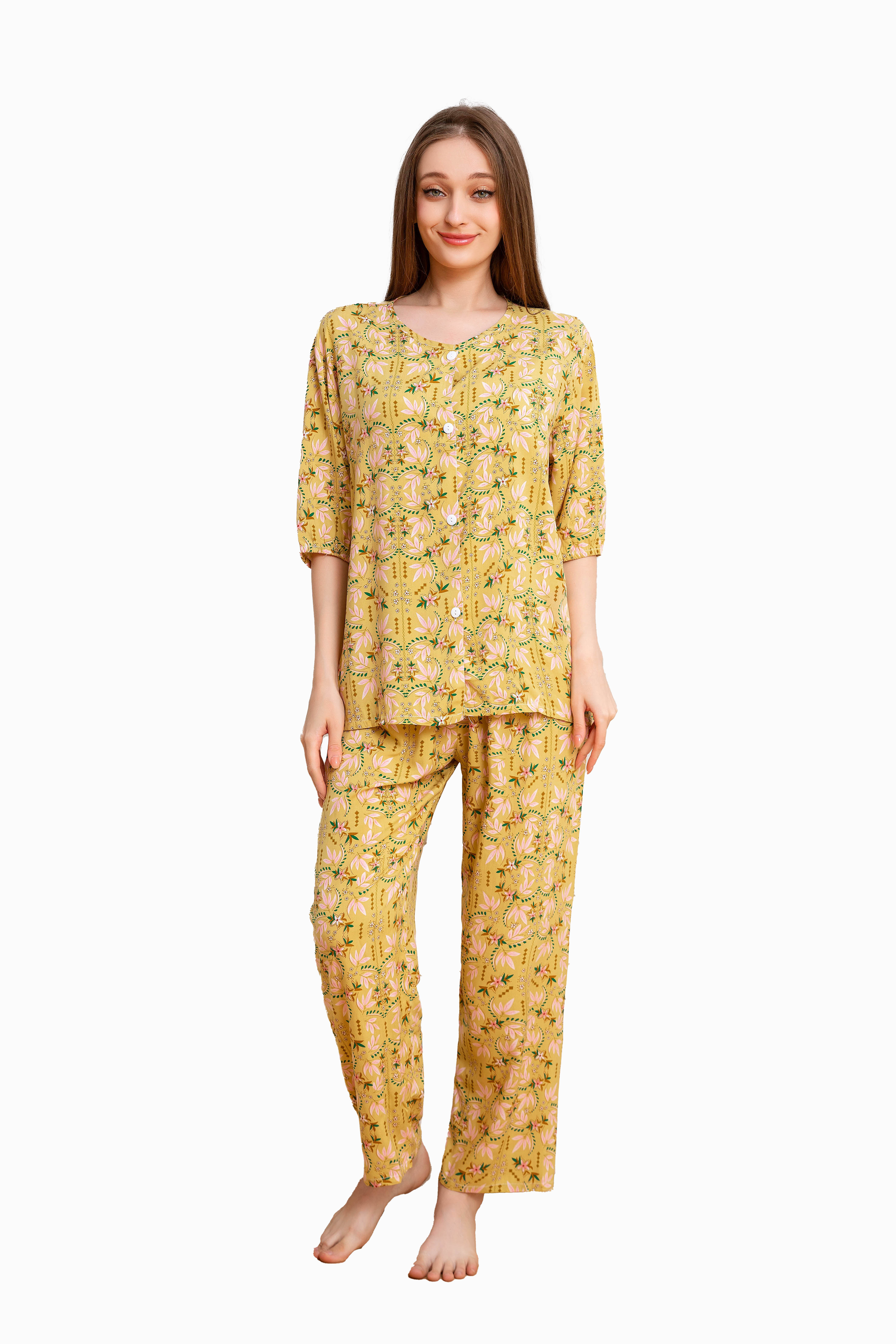 Women's Home Clothes Pajamas Yellow Base Pink Leaf Pants Set C206