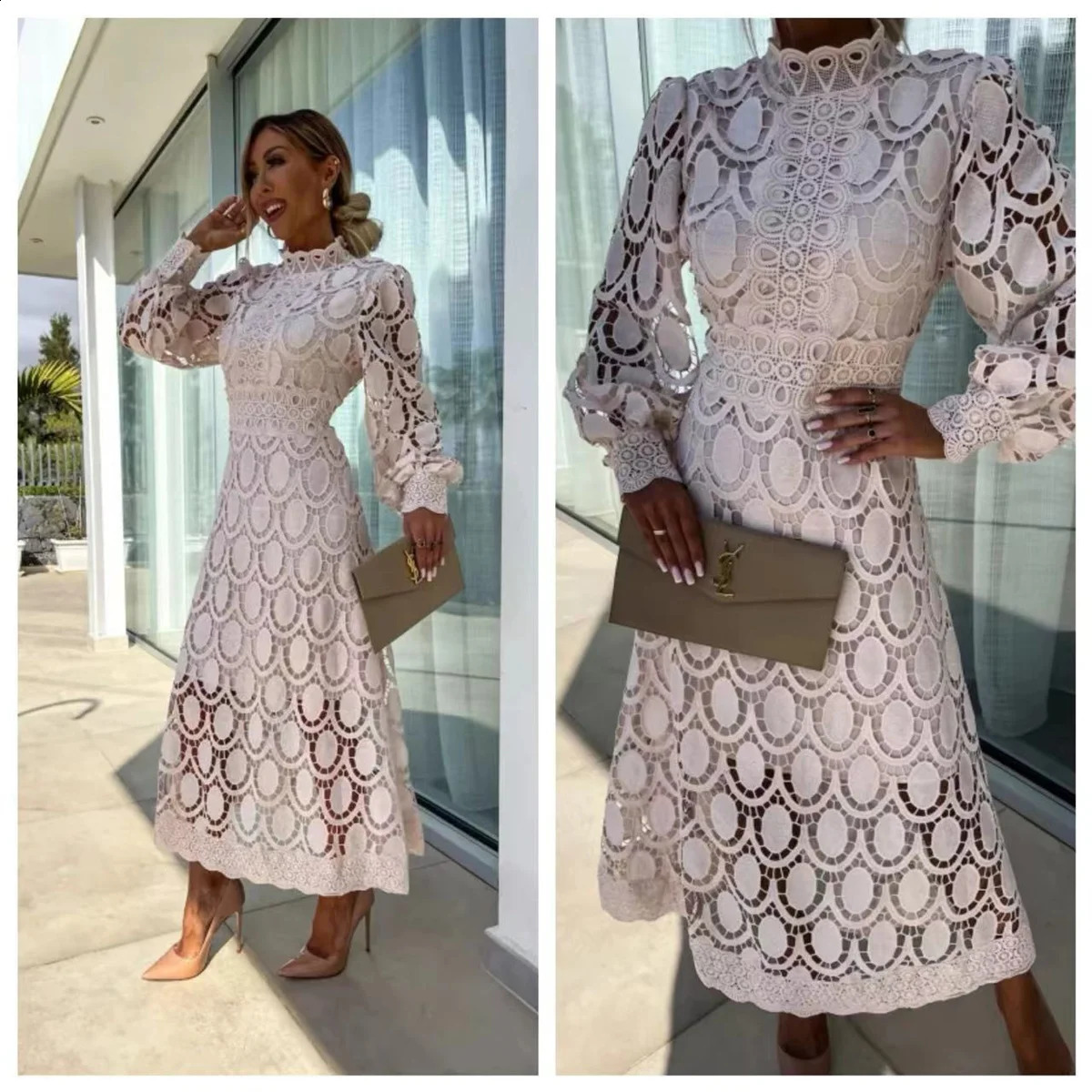 Elegant French Lace Dress For Women Hollow Out Stand Collar Commute Solid Color Long Sleeves Dresses Summer British Style Skirts 240723