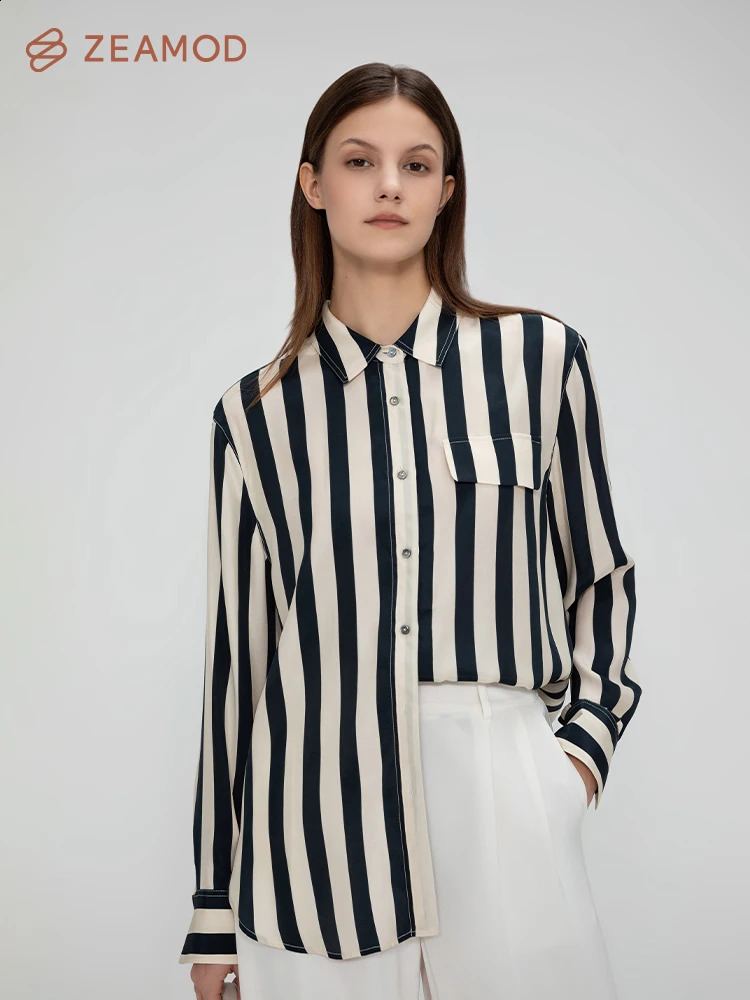 ZEAMOD Womens 100% Silk Shirt Ladies Blue White Pinstripes Blouse with V Neck and Long Sleeve Work Casual All Season 240715
